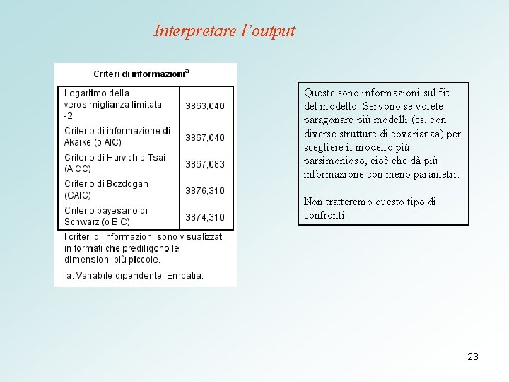 Interpretare l’output Queste sono informazioni sul fit del modello. Servono se volete paragonare più