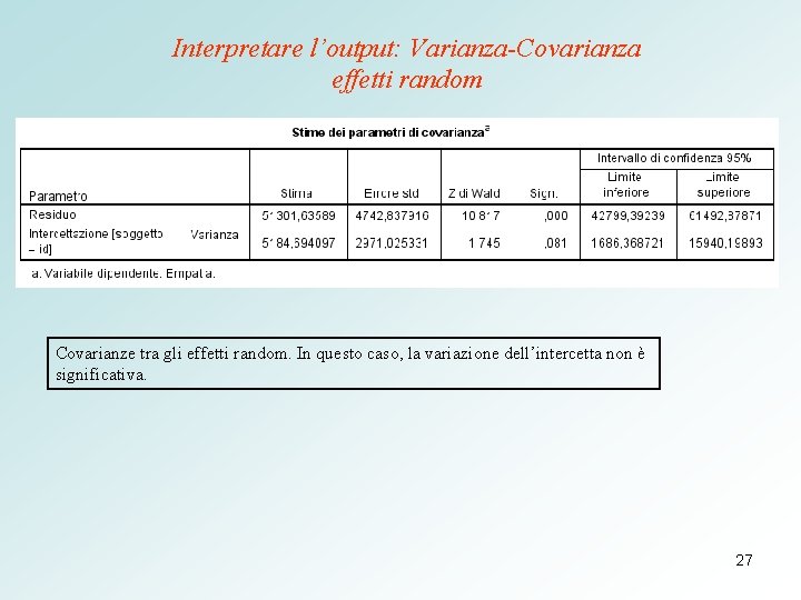 Interpretare l’output: Varianza-Covarianza effetti random Covarianze tra gli effetti random. In questo caso, la