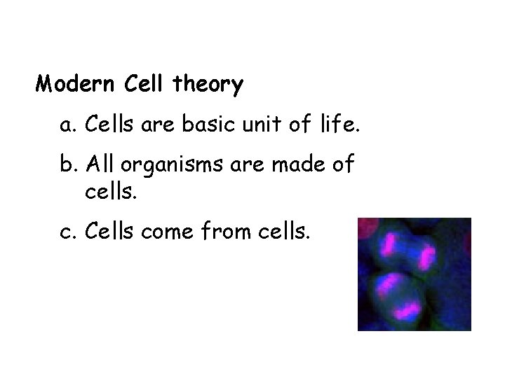 Modern Cell theory a. Cells are basic unit of life. b. All organisms are