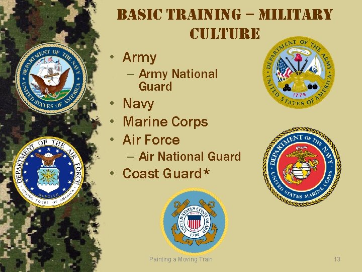 basic training – military culture • Army – Army National Guard • Navy •