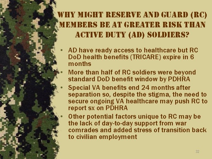 why might reserve and guard (rc) members be at greater risk than active duty