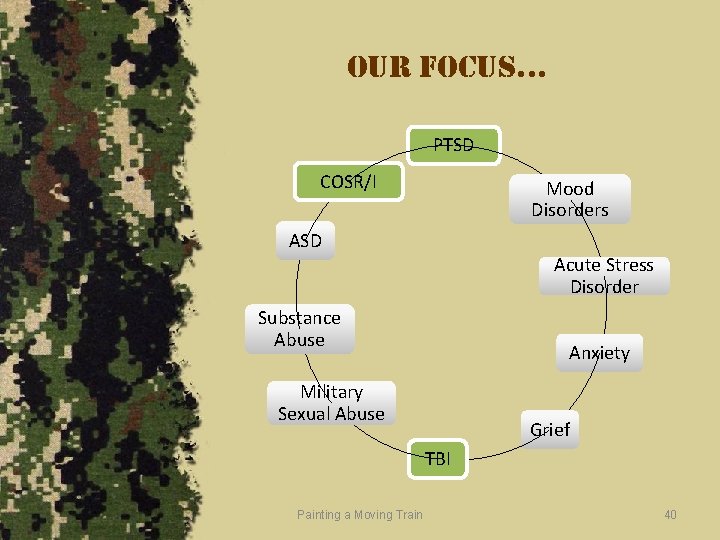 our focus… PTSD COSR/I Mood Disorders ASD Acute Stress Disorder Substance Abuse Anxiety Military