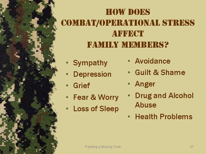 how does combat/operational stress affect family members? • • • Sympathy Depression Grief Fear
