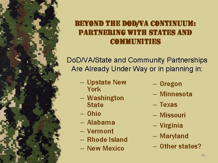 beyond the dod/va continuum: partnering with states and communities Do. D/VA/State and Community Partnerships
