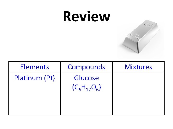 Review Elements Platinum (Pt) Compounds Glucose (C 6 H 12 O 6) Mixtures 