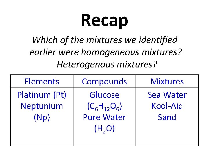 Recap Which of the mixtures we identified earlier were homogeneous mixtures? Heterogenous mixtures? Elements