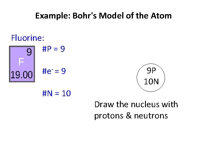 Example: Bohr's Model of the Atom Fluorine: #P = 9 #e- = 9 #N