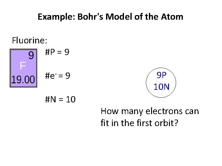 Example: Bohr's Model of the Atom Fluorine: #P = 9 #e- = 9 #N