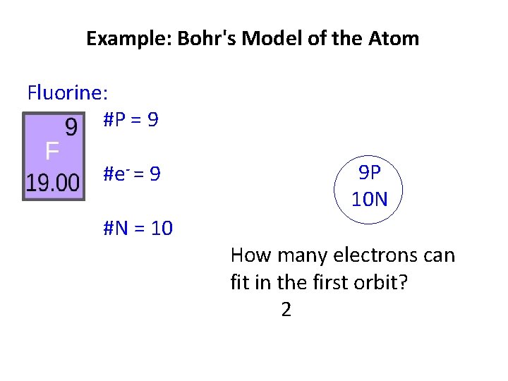 Example: Bohr's Model of the Atom Fluorine: #P = 9 #e- = 9 #N