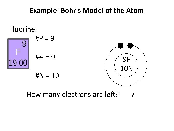 Example: Bohr's Model of the Atom Fluorine: #P = 9 #e- = 9 #N