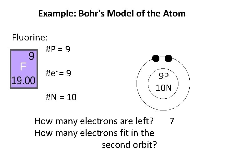 Example: Bohr's Model of the Atom Fluorine: #P = 9 #e- = 9 #N