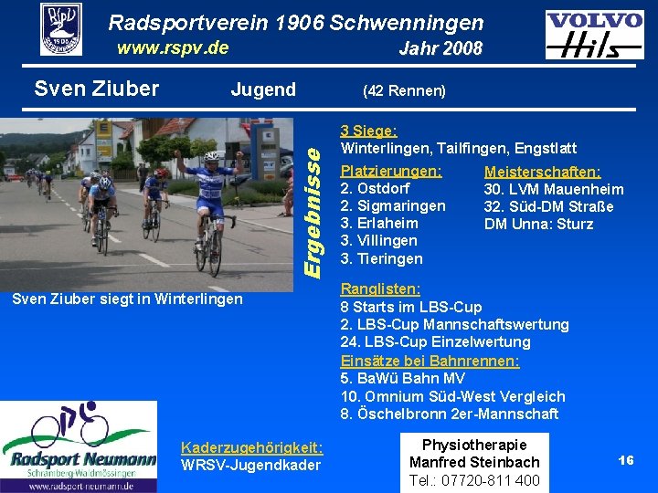 Radsportverein 1906 Schwenningen www. rspv. de Jugend Ergebnisse Sven Ziuber Jahr 2008 Sven Ziuber