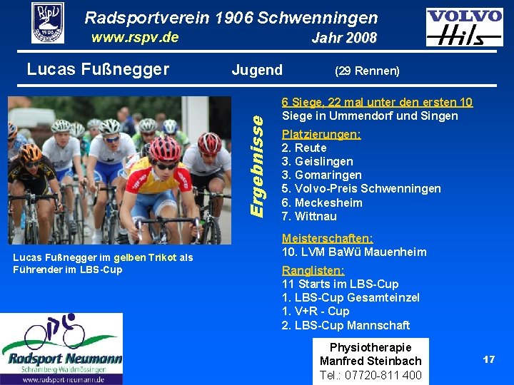 Radsportverein 1906 Schwenningen www. rspv. de Jugend Ergebnisse Lucas Fußnegger Jahr 2008 Lucas Fußnegger