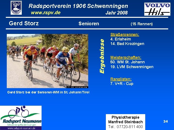 Radsportverein 1906 Schwenningen www. rspv. de Senioren Ergebnisse Gerd Storz Jahr 2008 (15 Rennen)