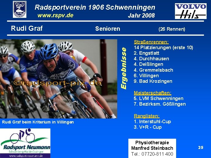 Radsportverein 1906 Schwenningen www. rspv. de Senioren Ergebnisse Rudi Graf Jahr 2008 (26 Rennen)