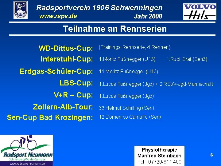 Radsportverein 1906 Schwenningen www. rspv. de Jahr 2008 Teilnahme an Rennserien WD-Dittus-Cup: Interstuhl-Cup: Erdgas-Schüler-Cup: