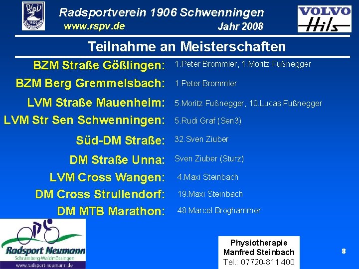 Radsportverein 1906 Schwenningen www. rspv. de Jahr 2008 Teilnahme an Meisterschaften BZM Straße Gößlingen: