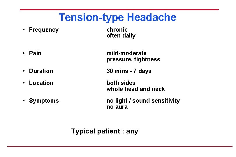 Tension-type Headache • Frequency chronic often daily • Pain mild-moderate pressure, tightness • Duration