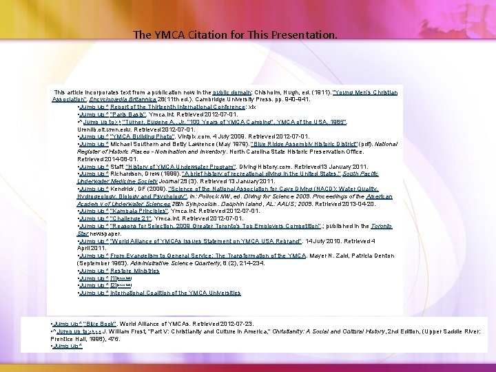 The YMCA Citation for This Presentation. This article incorporates text from a publication now The YMCA Citation for This Presentation. This article incorporates text from a publication now