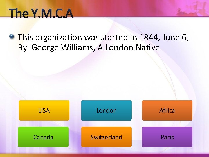 The Y. M. C. A This organization was started in 1844, June 6; By The Y. M. C. A This organization was started in 1844, June 6; By