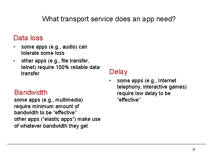 What transport service does an app need? Data loss • • some apps (e.