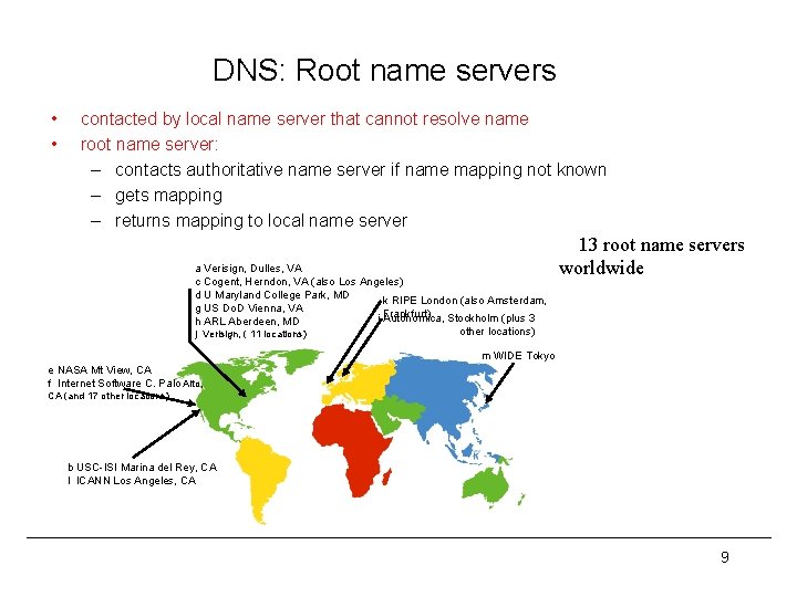DNS: Root name servers • • contacted by local name server that cannot resolve