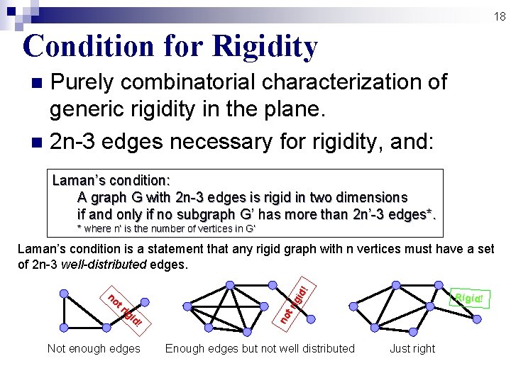 18 Condition for Rigidity Purely combinatorial characterization of generic rigidity in the plane. n 18 Condition for Rigidity Purely combinatorial characterization of generic rigidity in the plane. n