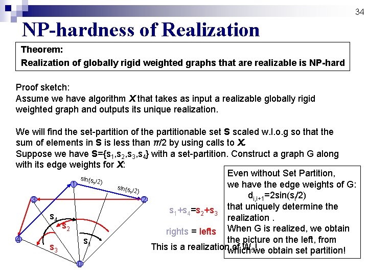 34 NP-hardness of Realization Theorem: Realization of globally rigid weighted graphs that are realizable 34 NP-hardness of Realization Theorem: Realization of globally rigid weighted graphs that are realizable