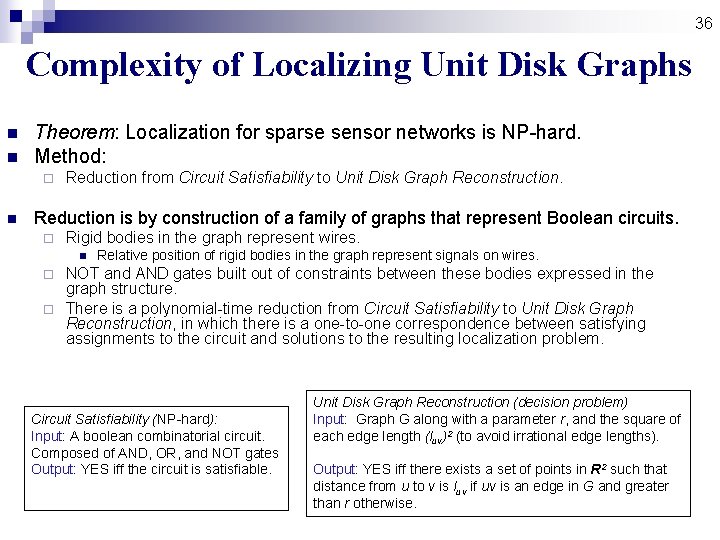 36 Complexity of Localizing Unit Disk Graphs n n Theorem: Localization for sparse sensor 36 Complexity of Localizing Unit Disk Graphs n n Theorem: Localization for sparse sensor