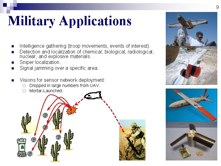 9 Military Applications n Intelligence gathering (troop movements, events of interest). Detection and localization 9 Military Applications n Intelligence gathering (troop movements, events of interest). Detection and localization
