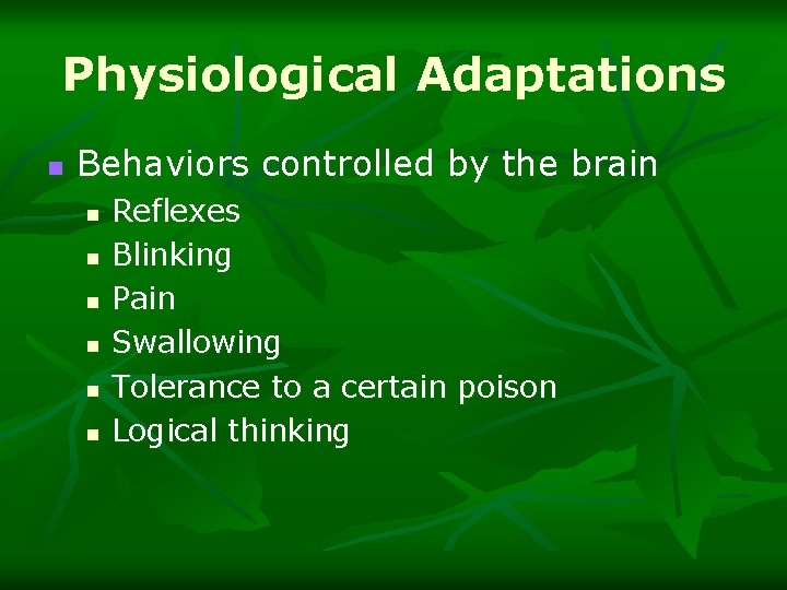 Physiological Adaptations n Behaviors controlled by the brain n n n Reflexes Blinking Pain