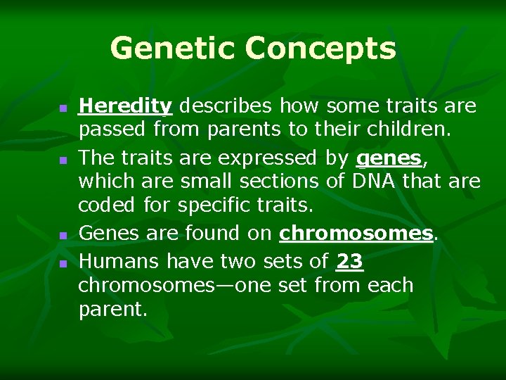 Genetic Concepts n n Heredity describes how some traits are passed from parents to