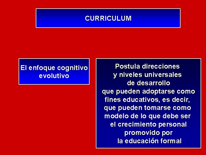 CURRICULUM El enfoque cognitivo evolutivo Postula direcciones y niveles universales de desarrollo que pueden