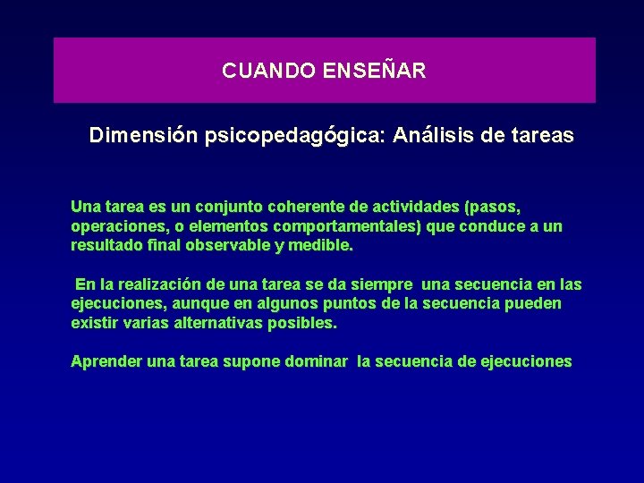 CUANDO ENSEÑAR Dimensión psicopedagógica: Análisis de tareas Una tarea es un conjunto coherente de