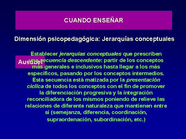 CUANDO ENSEÑAR Dimensión psicopedagógica: Jerarquías conceptuales Establecer jerarquías conceptuales que prescriben una secuencia descendente: