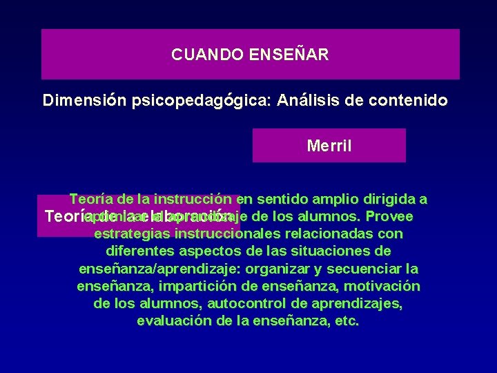 CUANDO ENSEÑAR Dimensión psicopedagógica: Análisis de contenido Merril Teoría de la instrucción en sentido