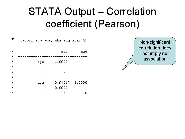 STATA Output – Correlation coefficient (Pearson) • pwcorr spb age, obs sig star(5) •