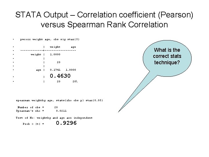 STATA Output – Correlation coefficient (Pearson) versus Spearman Rank Correlation • pwcorr weight age,