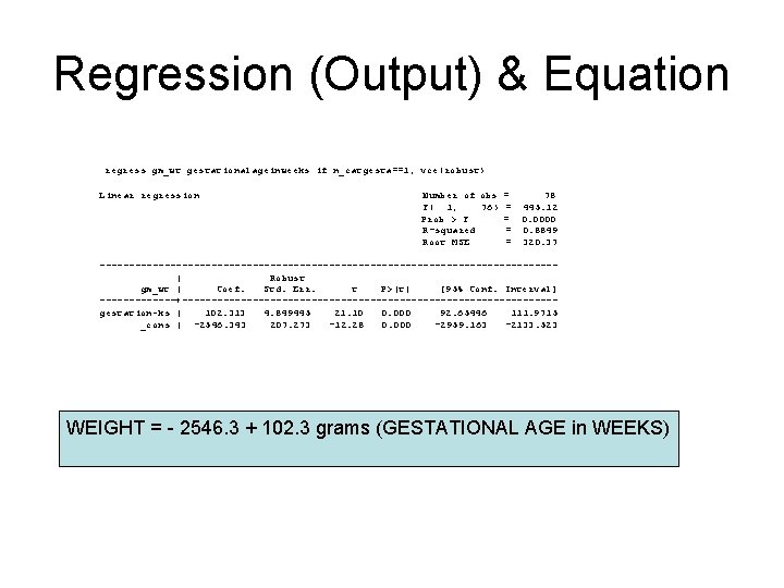 Regression (Output) & Equation regress gm_wt gestationalageinweeks if n_catgesta==1, vce(robust) Linear regression Number of