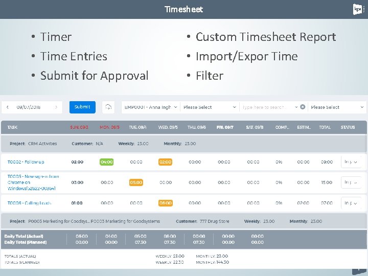 Timesheet • Timer • Time Entries • Submit for Approval • Custom Timesheet Report