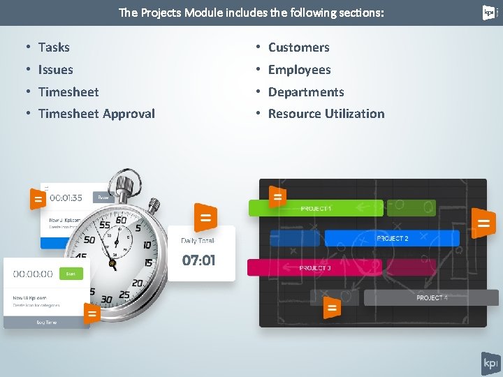 The Projects Module includes the following sections: • Tasks • Customers • Issues •