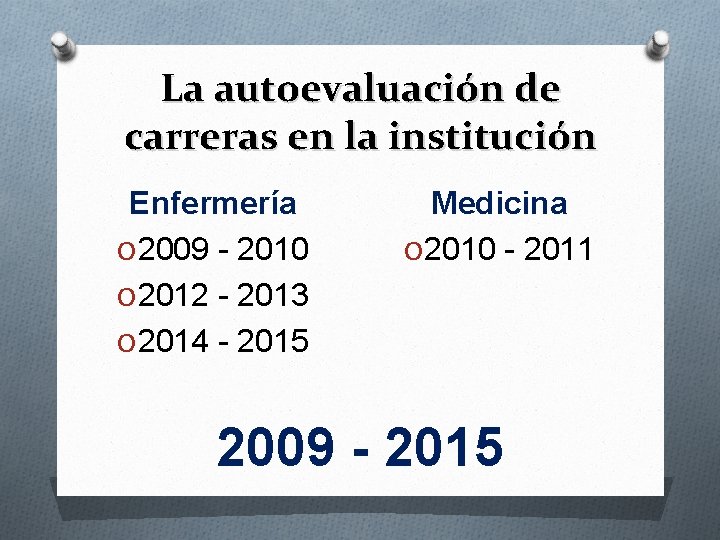 La autoevaluación de carreras en la institución Enfermería O 2009 - 2010 O 2012