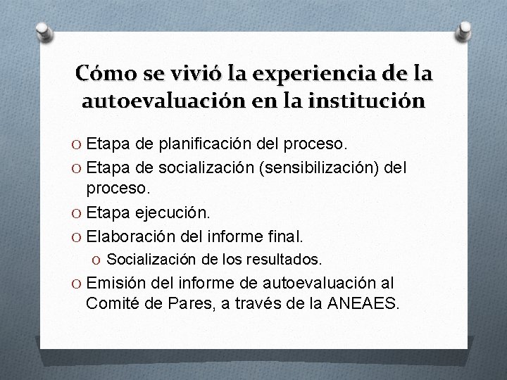 Cómo se vivió la experiencia de la autoevaluación en la institución O Etapa de