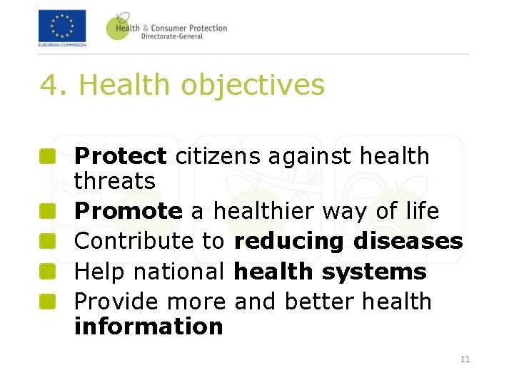 4. Health objectives Protect citizens against health threats Promote a healthier way of life 4. Health objectives Protect citizens against health threats Promote a healthier way of life