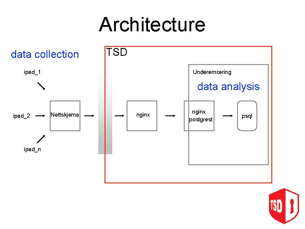 Architecture data collection TSD ipad_1 Underernœring data analysis ipad_2 ipad_n Nettskjema nginx postgrest psql