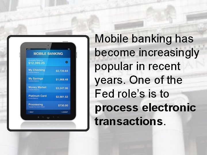 Mobile banking has become increasingly popular in recent years. One of the Fed role’s Mobile banking has become increasingly popular in recent years. One of the Fed role’s