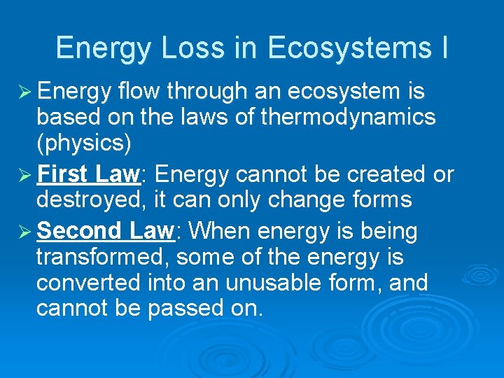 Energy Loss in Ecosystems I Ø Energy flow through an ecosystem is based on