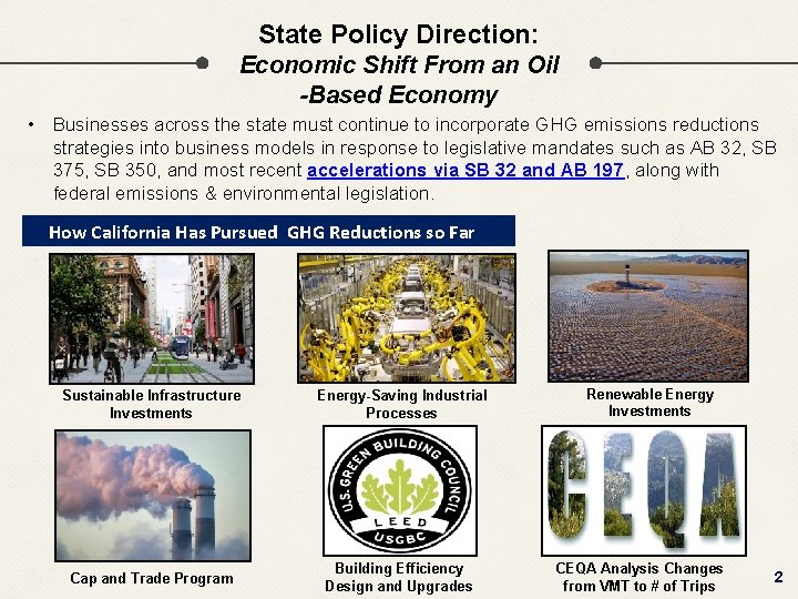 State Policy Direction: Economic Shift From an Oil -Based Economy • Businesses across the