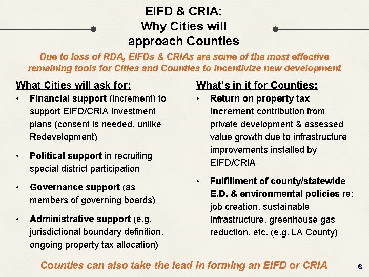 EIFD & CRIA: Why Cities will approach Counties Due to loss of RDA, EIFDs