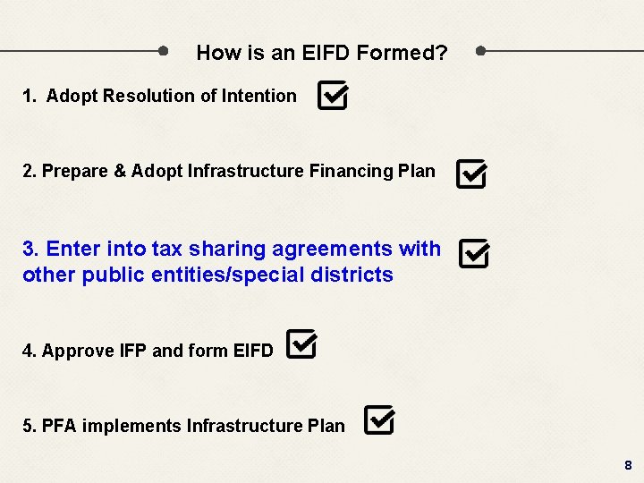 How is an EIFD Formed? 1. Adopt Resolution of Intention 2. Prepare & Adopt